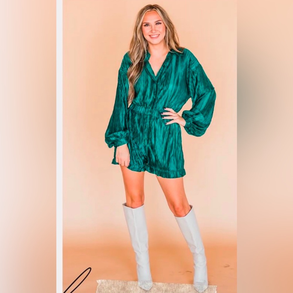 Hunter Green Textured Long Sleeve Romper